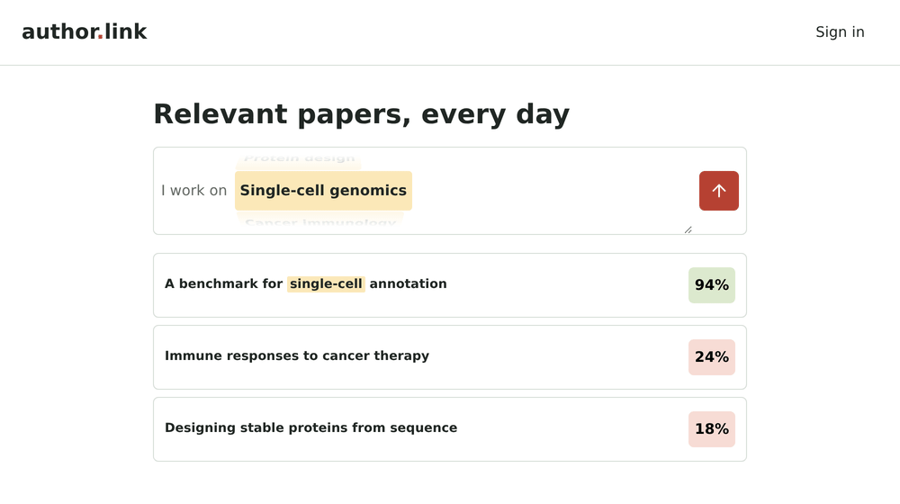 Animated homepage demo showing papers being reordered as research interests change between single-cell genomics, cancer immunology, and protein design.